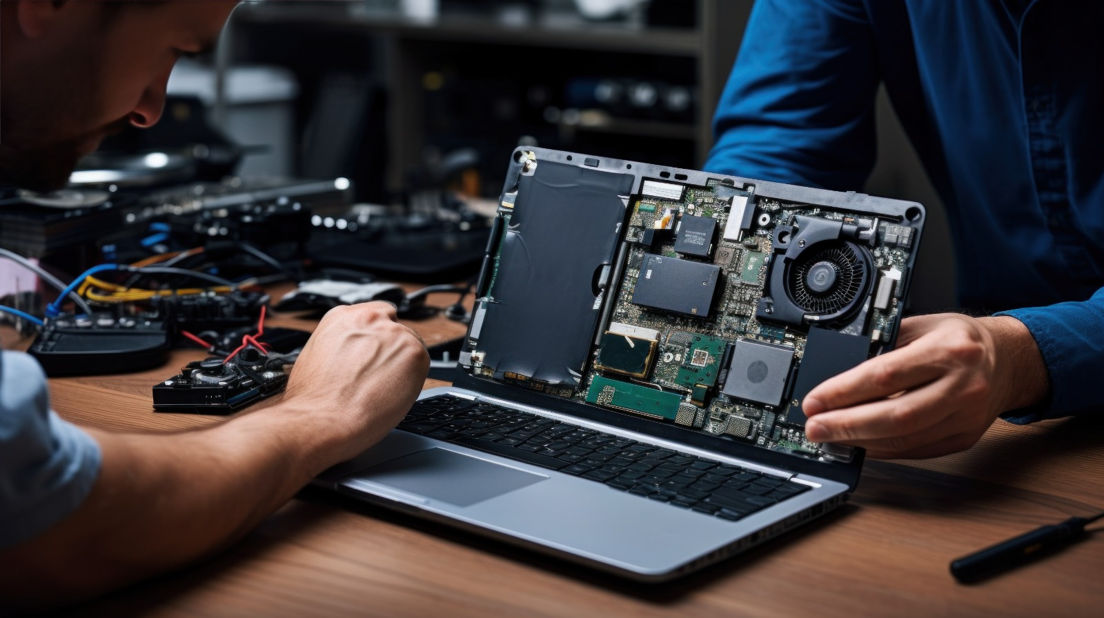 Two technicians inspecting an opened laptop chassis in a repair workshop