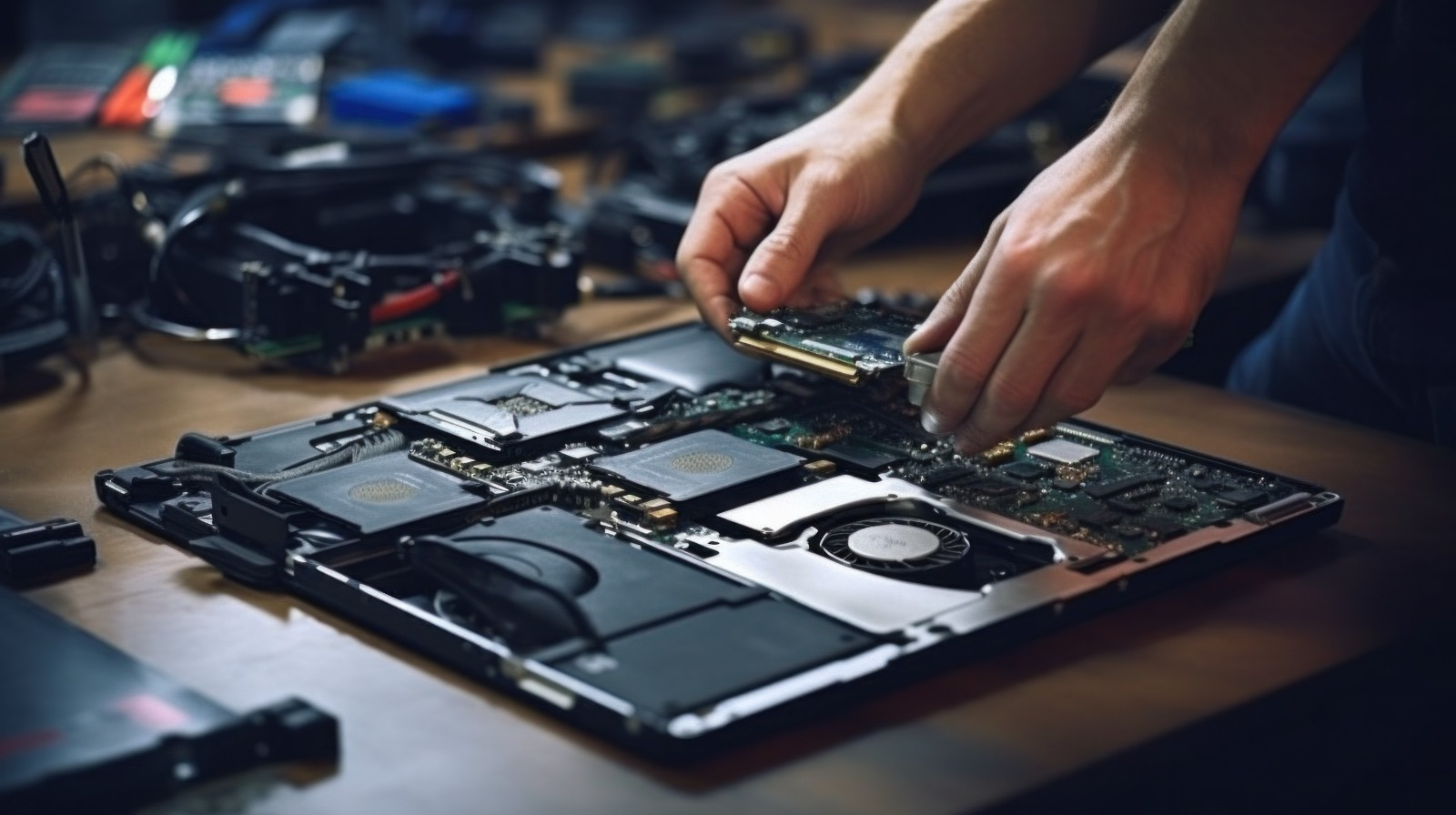 Close-up of a RAM module being fitted into a disassembled laptop