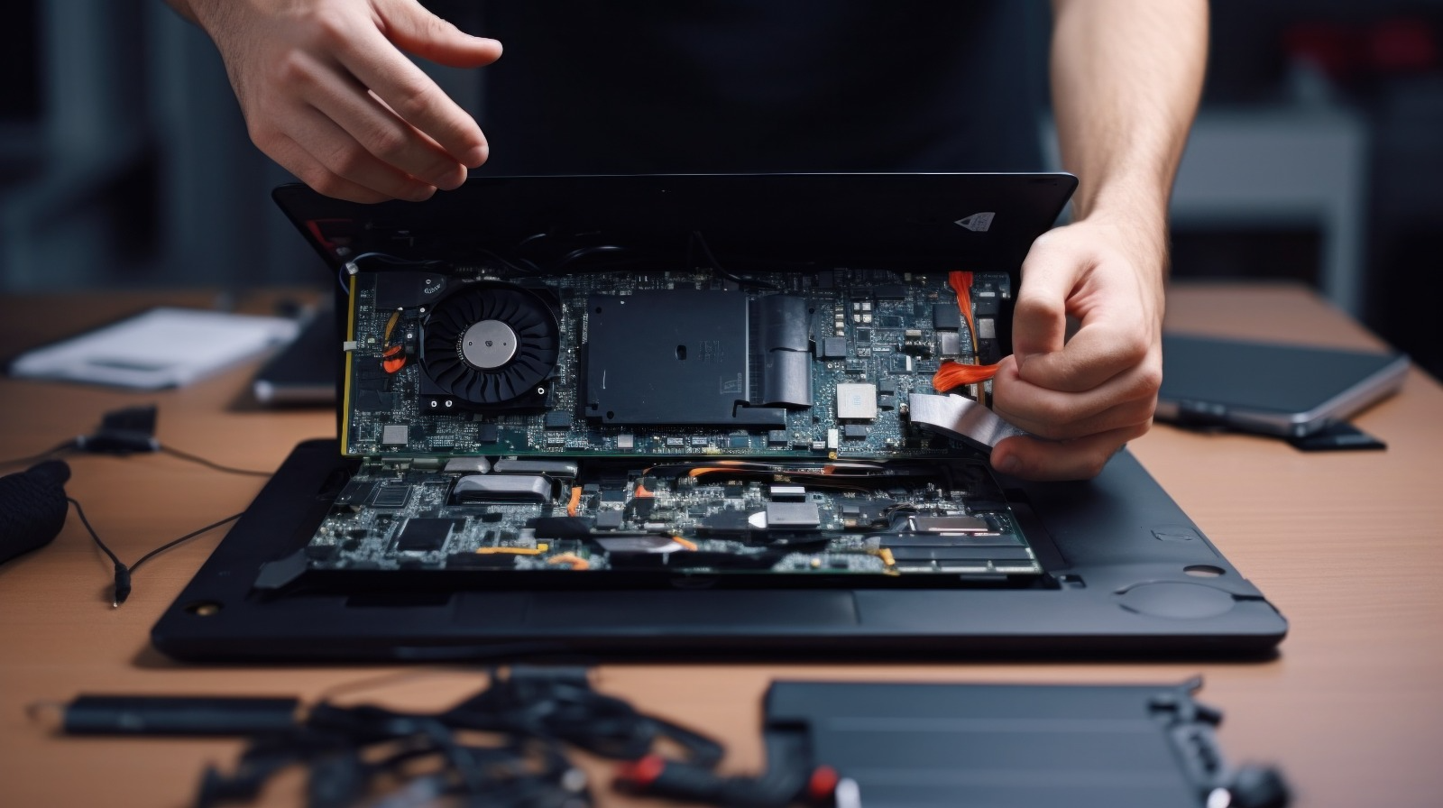 Technician opening a laptop to access the motherboard and cooling fan